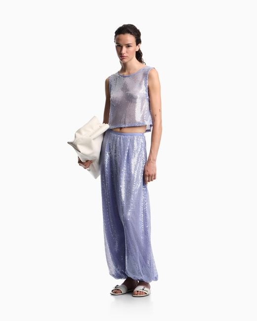 Emporio Armani Purple Mesh Crochet Top With All-Over Sequins