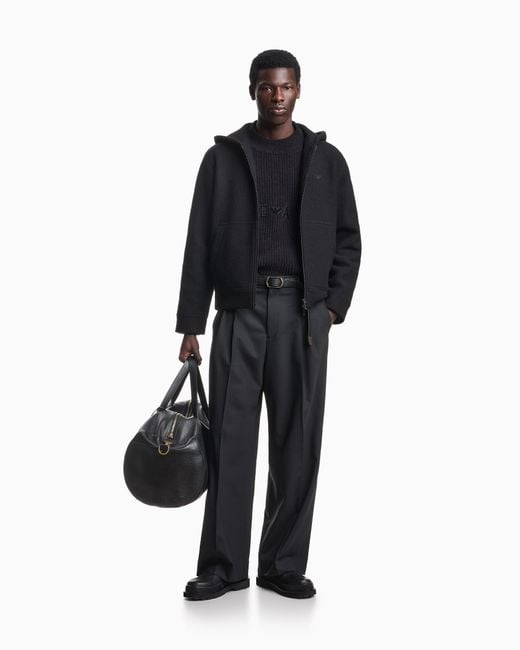 Emporio Armani Black Hooded Boiled Wool Jacket With Zipper Signature Capsule for men