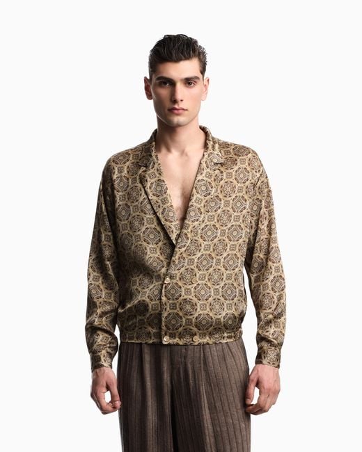Emporio Armani Natural Double-Breasted Satin Shirt With All-Over Print for men