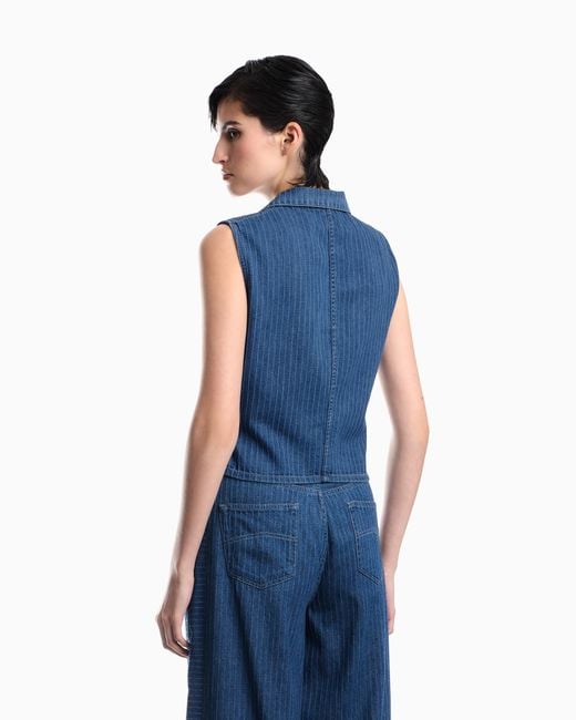 Emporio Armani Blue Pinstriped Denim Wrap Waistcoat With Lapels And A Side Tie