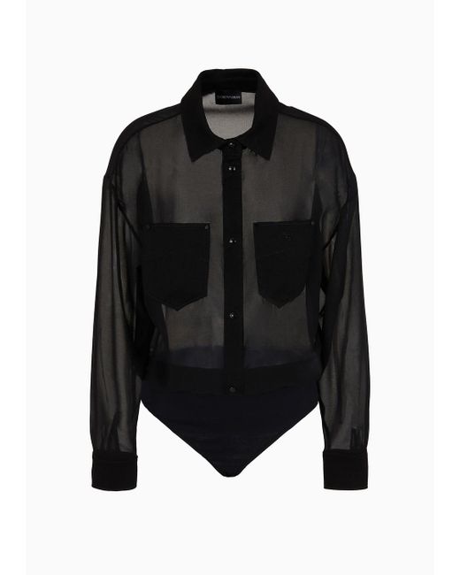 Emporio Armani Black Bodyshirt Aus Transparentem Georgette Mit Denim-details