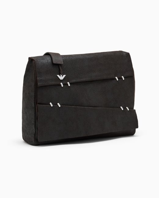 Emporio Armani Black Waxed Suede Messenger Bag for men
