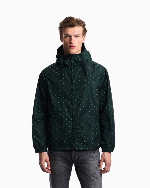 Emporio Armani Green Nylon Hooded Blouson With All-Over Micro-Eagle Graphic Design for men