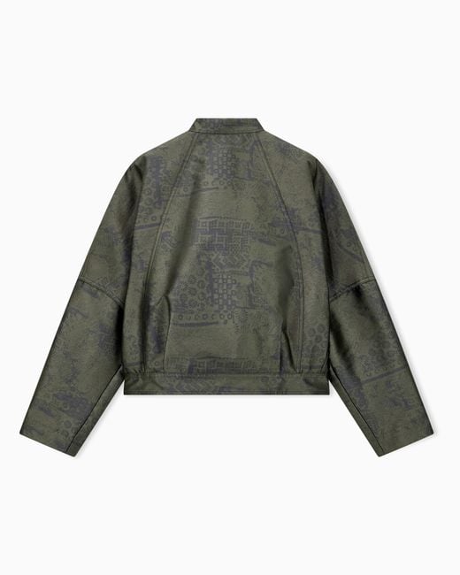 Emporio Armani Green Jacquard Landscape Blouson With Mandarin Collar And Buttons