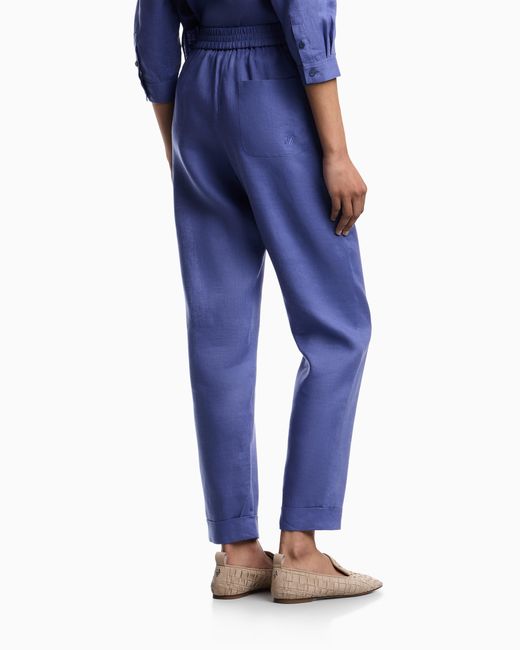 Emporio Armani Blue Pure Linen Trousers With Elasticated Waist