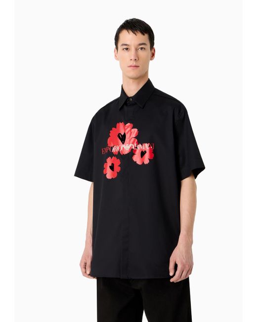 Emporio Armani Black Short-sleeved Shirt In Stretch Cotton With Mon Amour Print for men