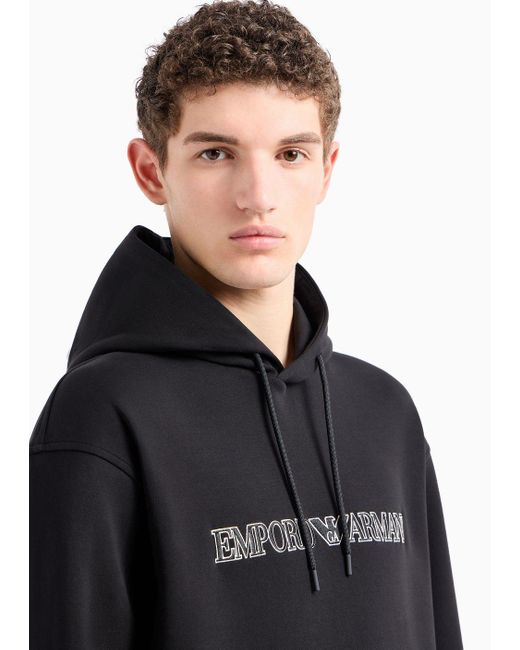 Emporio Armani Black Oversized Double-jersey Hooded Sweatshirt With Logo Embroidery Trim for men