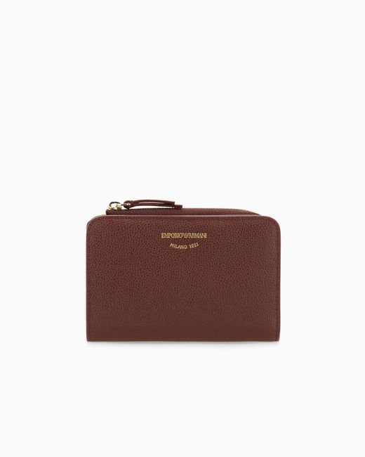 Emporio Armani Brown Textured Leather Billfold Wallet With Zip-Around Closure