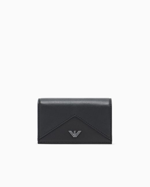 Emporio Armani Black Nappa Leather Card Holder With Flap With Geometric Detail for men