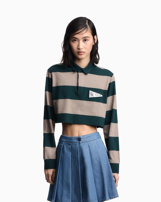 Emporio Armani Green Eagle Club, Cropped Oversized-Stripe Jersey Polo Shirt With Patch