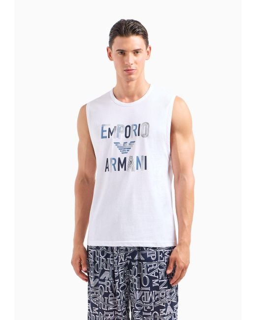 Camiseta De Tirantes De Playa De Punto Con Macrologotipo Estampado Emporio Armani de hombre de color White
