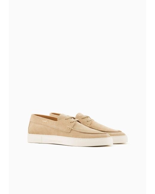 Emporio Armani White Crust Leather Boat Shoes for men
