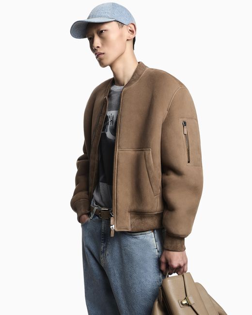 Emporio Armani Brown Icon Merino Lamb Suede Shearling Blouson for men