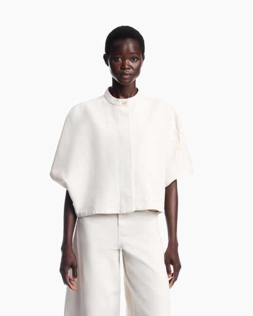 Emporio Armani White Linen-Blend Canvas Shirt Jacket With Embroidery