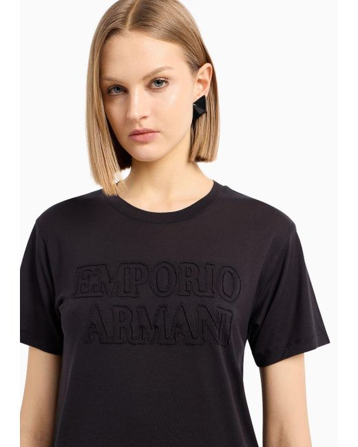 Emporio Armani Black Asv Washed Lyocell T-shirt With Devoré-effect Logo