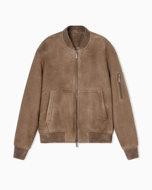 ジャケット・アウター EMPORIO ARMANI suede leather jacket Emporio Armani Icon Merino Lamb Suede Shearling Blouson in Brown