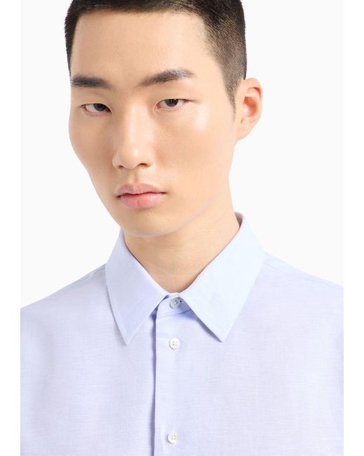 Emporio Armani White Classic-collar Shirt In A Linen-blend Chambray for men