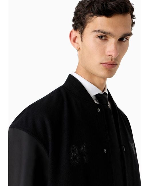Emporio Armani Black Clubwear Casentino Wool Bomber Jacket With Nylon Sleeves And Rhinestone Patch for men