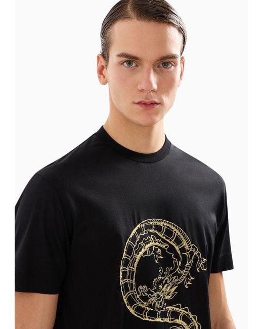 Emporio Armani Armani Sustainability Values T-shirt Mit Drachen-stickerei Aus Einer Jersey-lyocell-mischung in Black für Herren