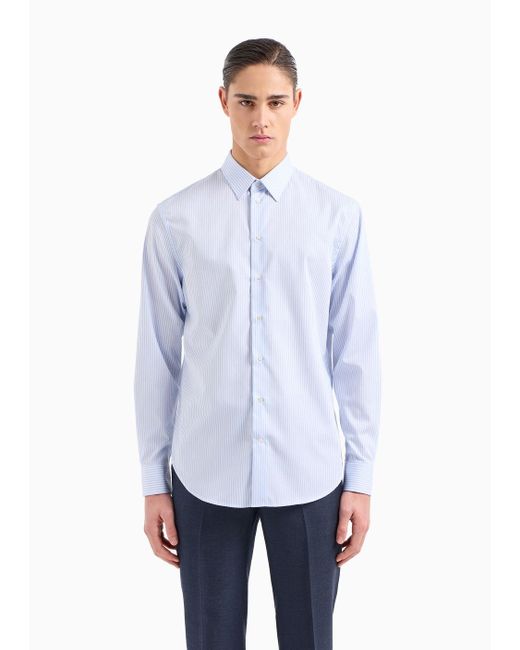 Emporio Armani White Striped Cotton Armure Shirt With Classic Collar for men