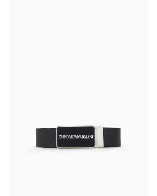 Emporio Armani Black Saffiano Leather Reversible Belt With Plate Buckle for men