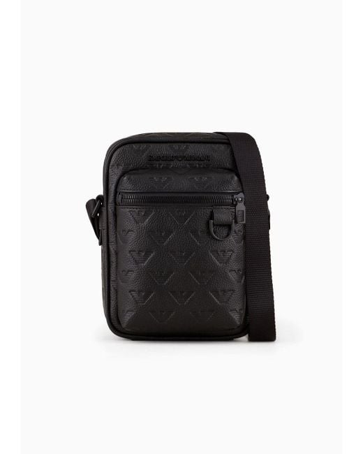 Emporio Armani Black Leather Crossbody Bag With All-over Embossed Eagle for men