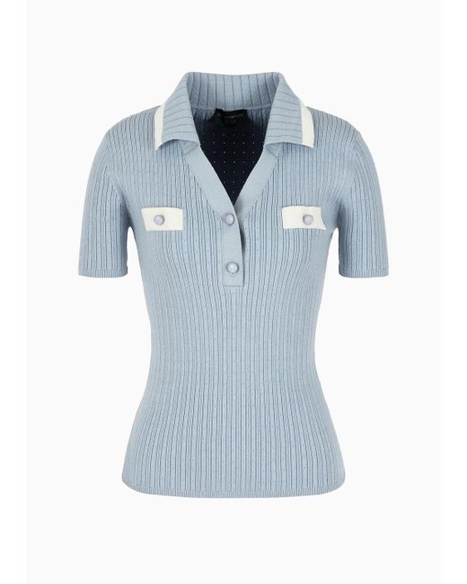 Emporio Armani Blue Icon Short-sleeved Polo-shirt Jumper In A Ribbed Cashmere Blend