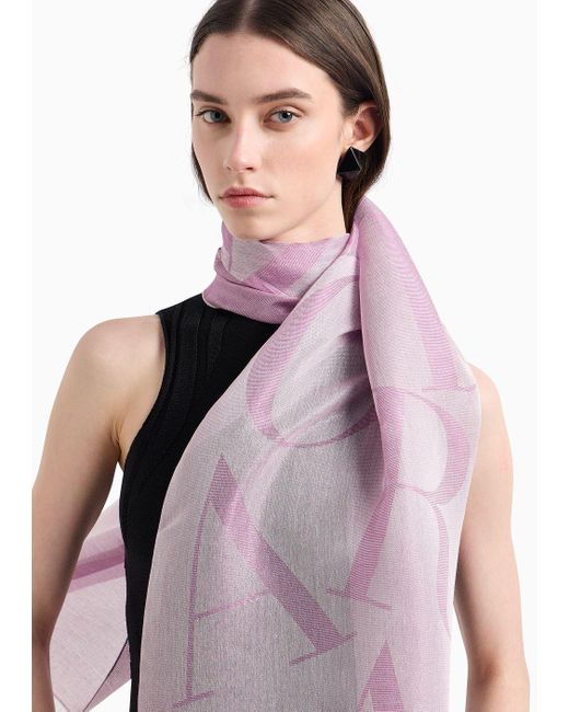 Emporio Armani Pink Viscose And Modal Blend Stole With Jacquard Lettering