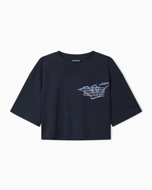Emporio Armani Blue Cropped Jersey T-Shirt With Eagle Print