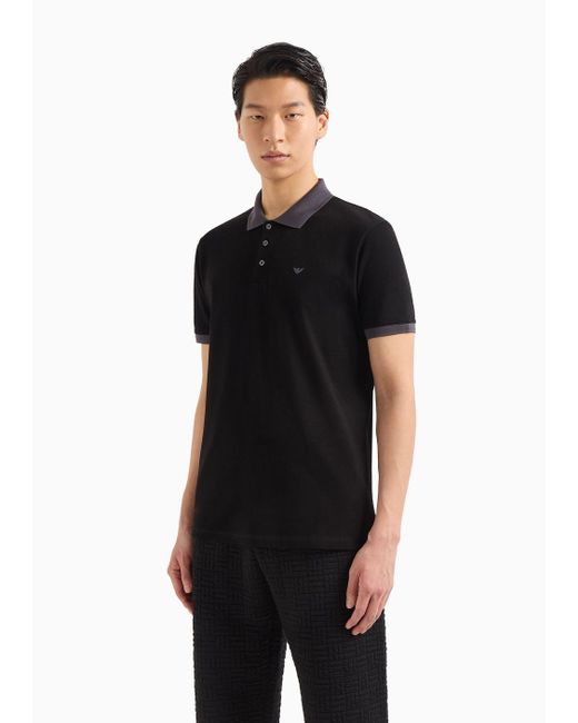 Emporio Armani Black Mercerised Piqué Polo Shirt With Micro Eagle Embroidery for men