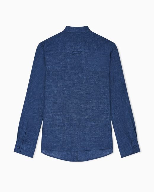 Emporio Armani Blue Icon Linen Chambray Shirt With Plastron
