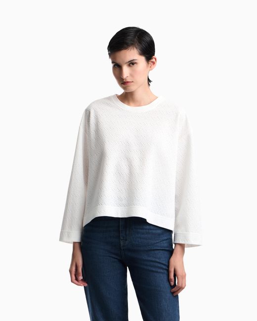 Emporio Armani White Crew Neck Cotton Jacquard Jumper With A Chevron Pattern