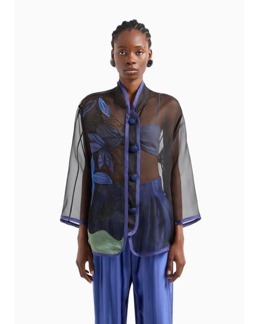 Emporio Armani Blue Pure Silk Organza Shirt Jacket With Floral Embroidery
