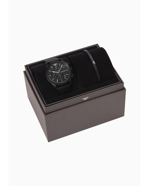 Emporio Armani Chronograph Black Leather Watch And Bracelet Set for men