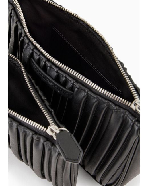 Emporio Armani Black Asv Double Mini Shoulder Bag In Pleated, Recycled Faux Nappa Leather