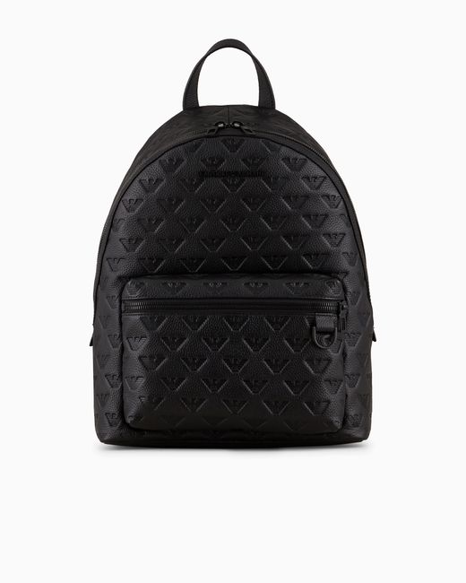 Emporio Armani Black Round Leather Backpack With All-Over Embossed Eagle for men