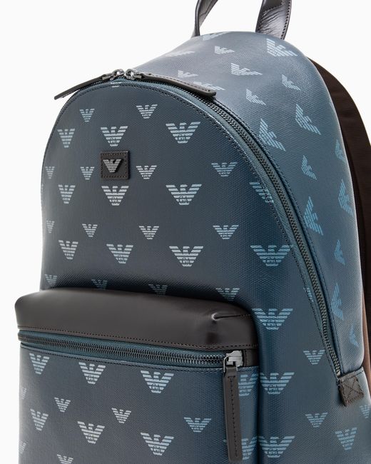 Emporio Armani Blue Coated Canvas Backpack With All-Over Eagle for men
