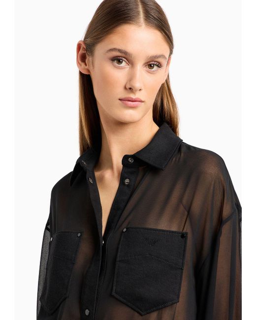 Emporio Armani Black Bodysuit Shirt In Sheer Georgette With Denim Details