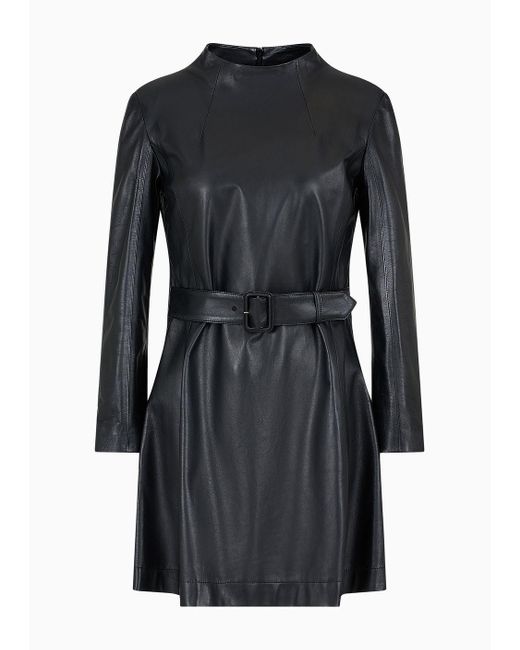 Emporio Armani Black Tailliertes Kleid Aus Semianilin-lammnappaleder Mit Gürtel Und Falten
