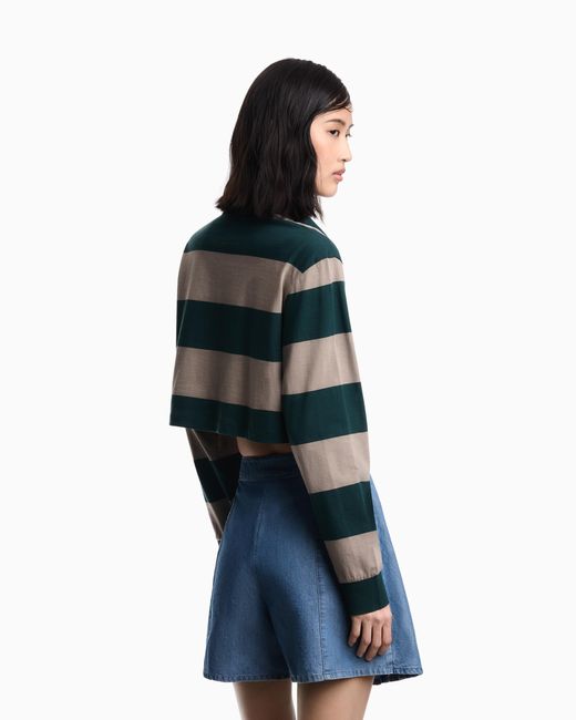Emporio Armani Green Eagle Club, Cropped Oversized-Stripe Jersey Polo Shirt With Patch