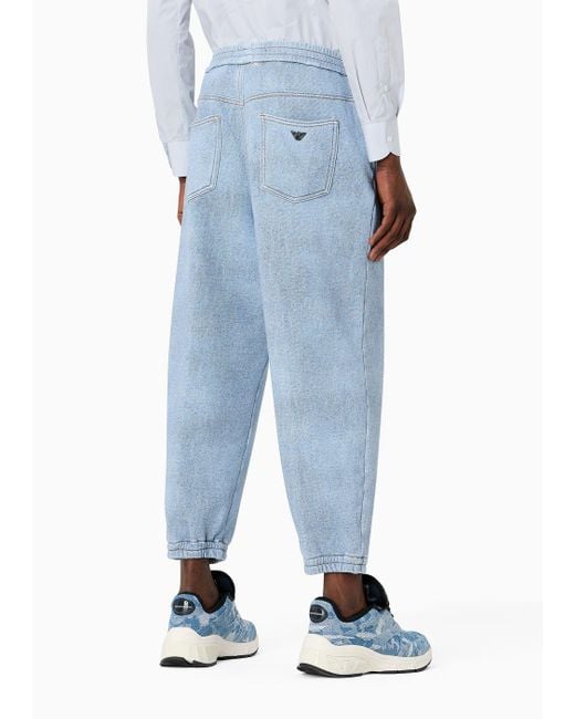Emporio Armani Blue Denim-effect Printed Jersey Drawstring Trousers With Elasticated Cuffs for men