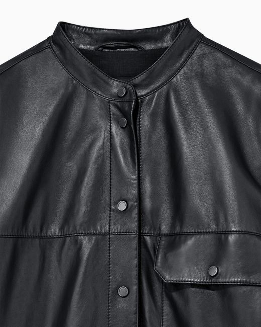 Emporio Armani Black Leather Shirt With Stand-Up Collar And Snap Buttons