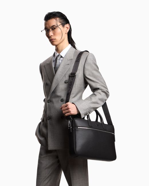 Emporio Armani Blue Regenerated Saffiano Leather Business Bag With Eagle Plate for men