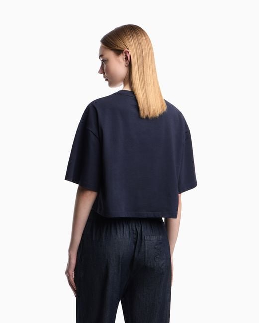 Emporio Armani Blue Cropped Jersey T-Shirt With Eagle Print