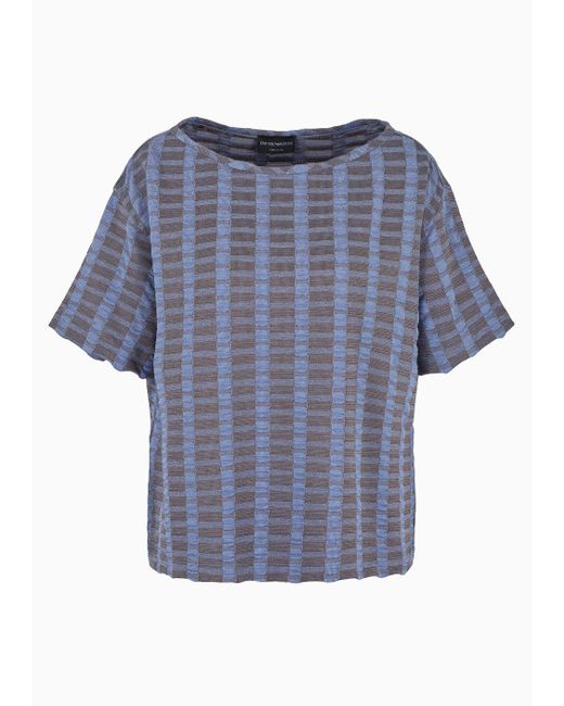Emporio Armani Blue Boxy Short-sleeved Jumper In Two-tone Viscose Jacquard With Embossed Effect