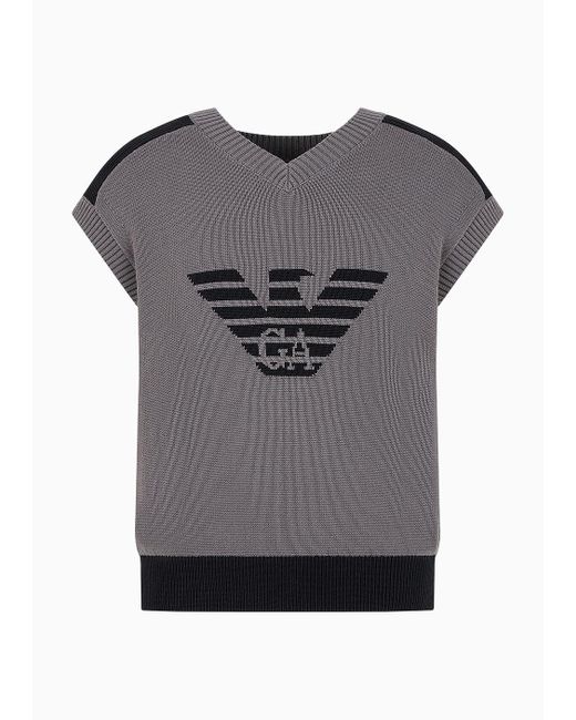 Emporio Armani Gray Plain-knit V-neck Gilet With Oversized Jacquard Eagle for men
