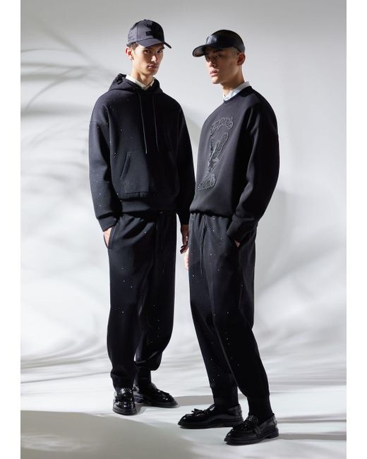 Emporio Armani Clubwear-sweatshirt In Oversize Passform Aus Doppellagigem Jjersey Mit Kapuze Und Strasssteinen in Black für Herren
