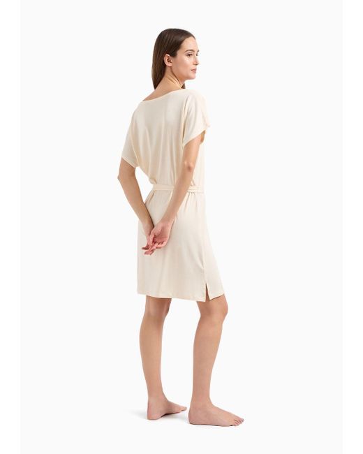 Emporio Armani Natural Stretch-viscose Beachwear Dress With Micro-studded Logo And Sash