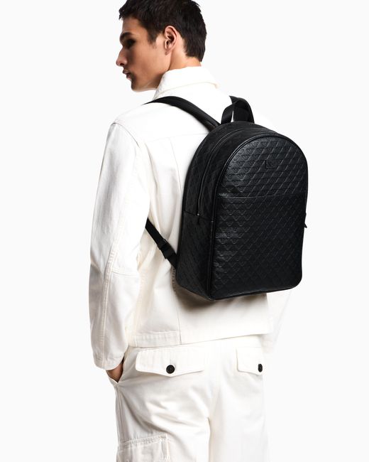 Emporio Armani Rucksack Aus Leder Geprägt Mit Allover-Adler in Blue für Herren