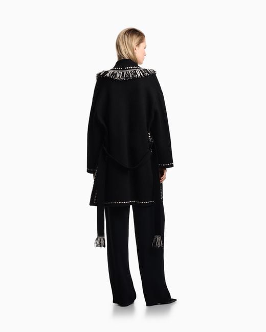 Emporio Armani Black Oversized Cardigan With Fringed Edges And Jacquard Motif